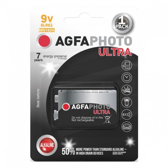 Batéria 9V (6LR61) alkalická AGFAPHOTO Ultra 1ksblister